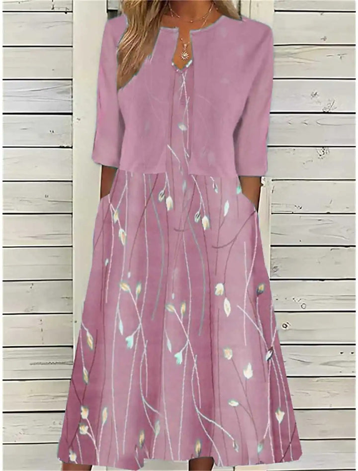 Mia | Floral Midi Dress 3/4 Sleeve Cotton Blend Casual