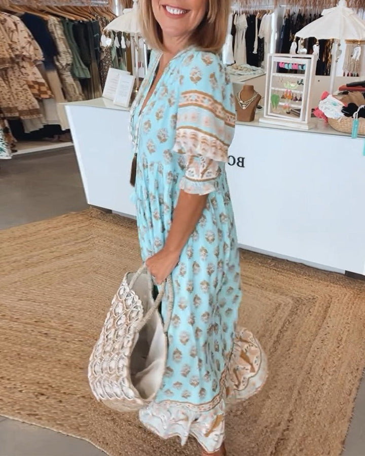 Isabella | Women's Boho Printed Tassel Tie Midi Dress