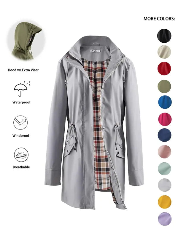 Qing - Casual Drawstring Zip Up Hooded Trench Coat