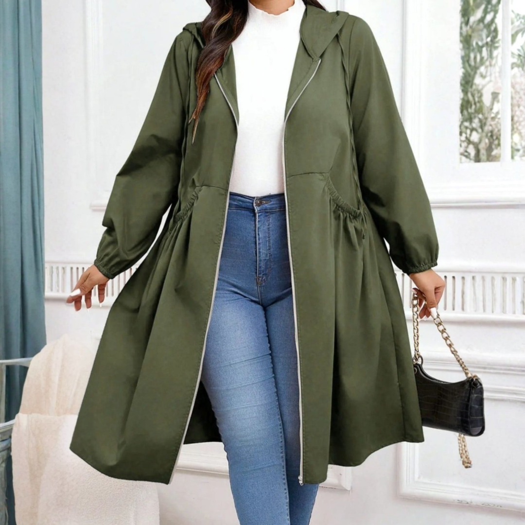 Avril - Casual Plus Size Drawstring Zip-Up Long Sleeve Hooded Coat