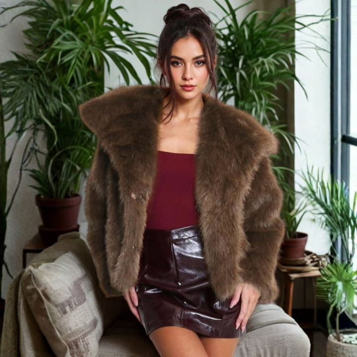 Corrine - Classy Long Sleeve Collared Fuzzy Coat