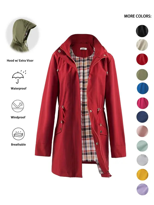 Qing - Casual Drawstring Zip Up Hooded Trench Coat