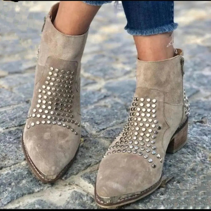 Ankle Boots Studded Pointed Toe Side Zip Chunky Heel - Brown