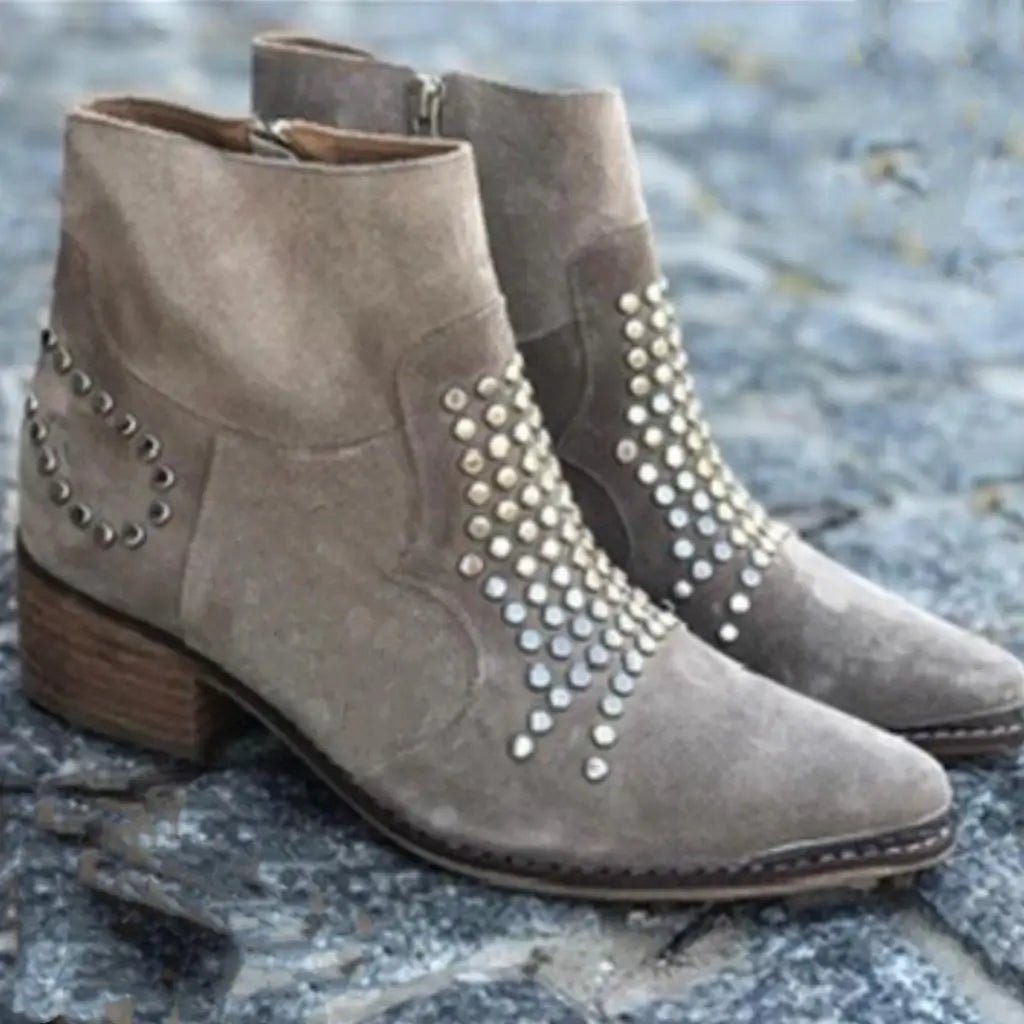 Ankle Boots Studded Pointed Toe Side Zip Chunky Heel
