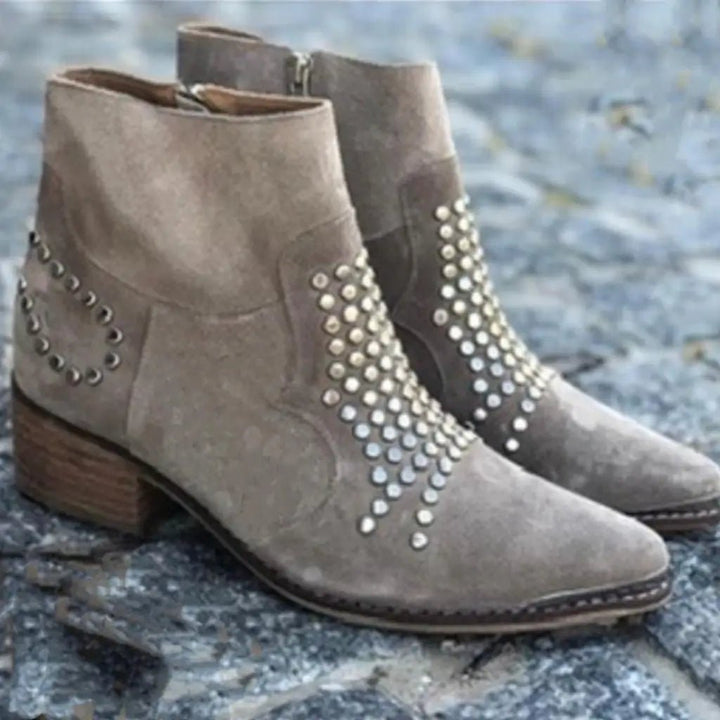 Ankle Boots Studded Pointed Toe Side Zip Chunky Heel