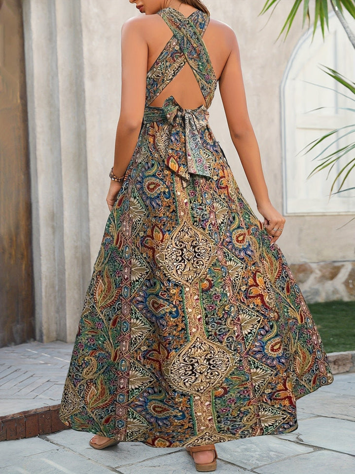 Boho Maxi Dress Halter Neck Cross Front Side Split