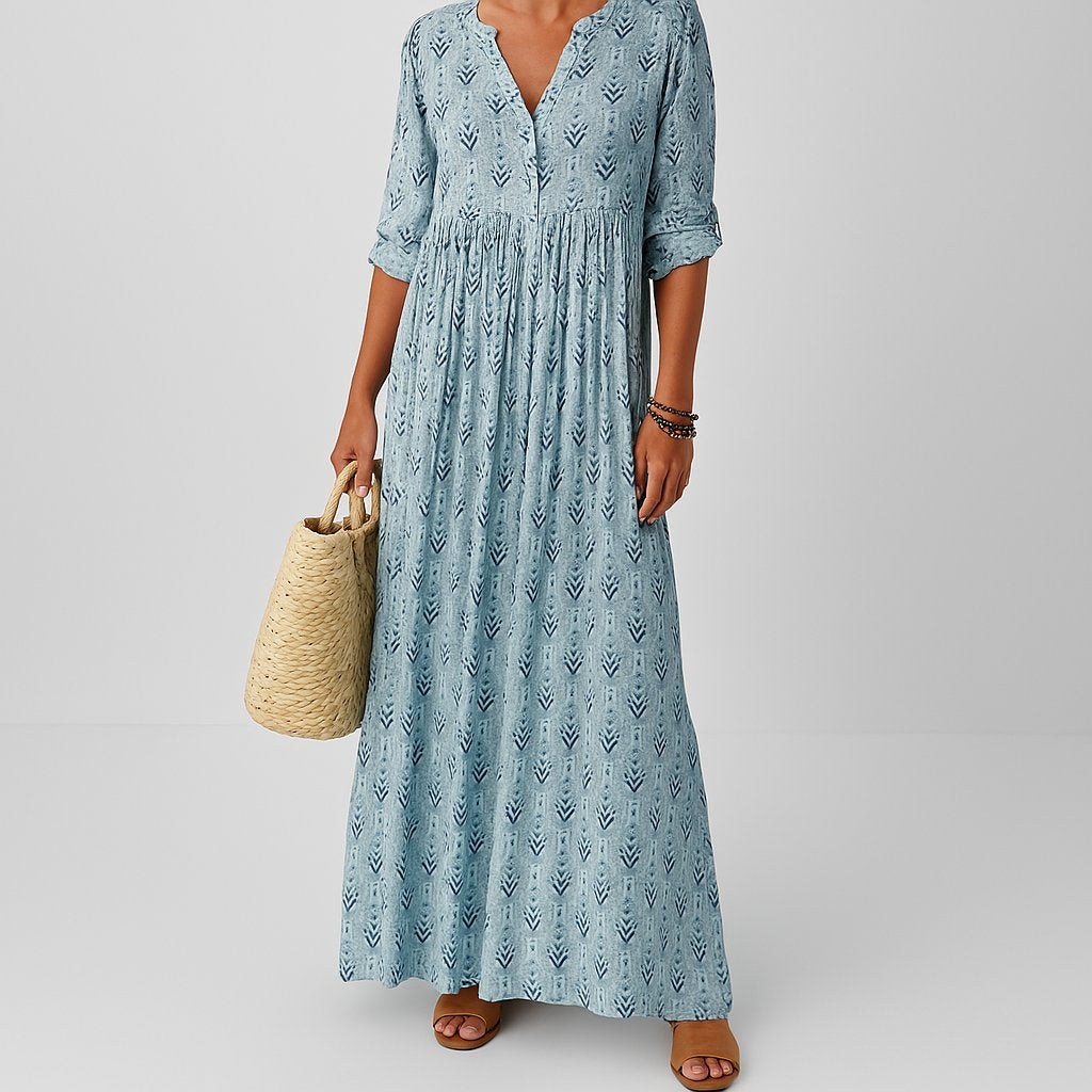 Boho Maxi Dress V-Neck Long Sleeve Printed