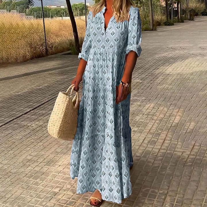 Boho Maxi Dress V-Neck Long Sleeve Printed - Light Blue