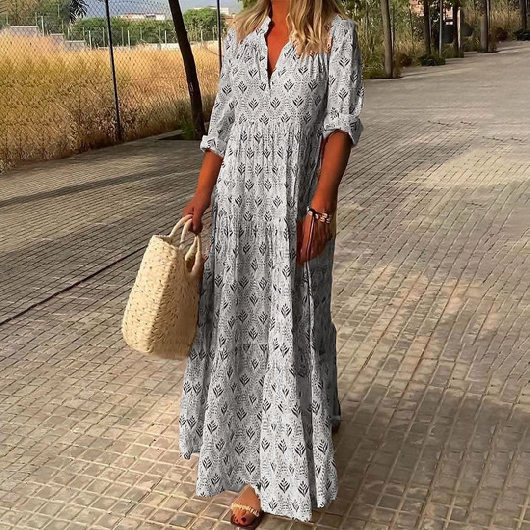 Boho Maxi Dress V-Neck Long Sleeve Printed - Light Gray