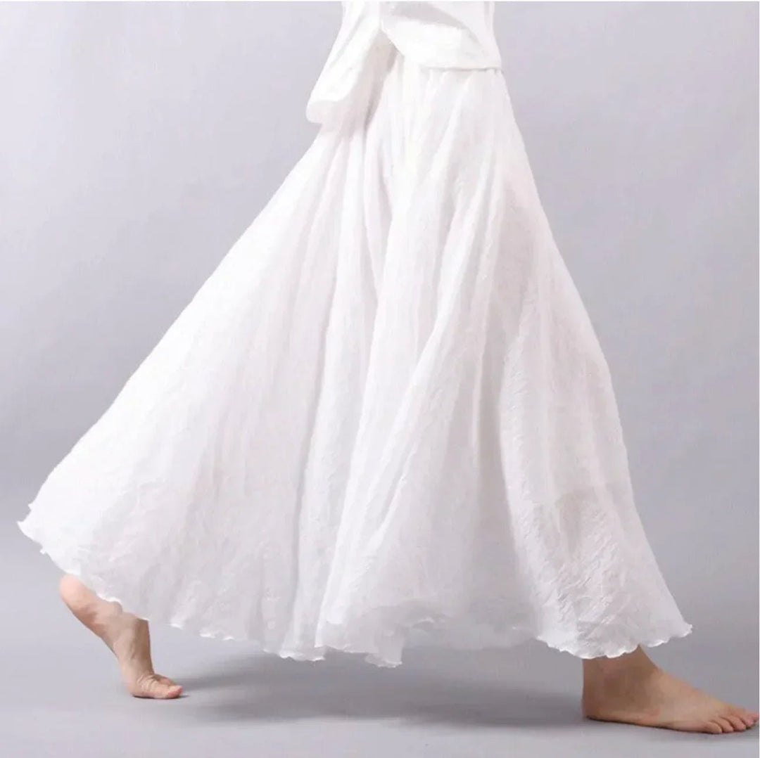 Boho Maxi Skirt High Waist Cotton Flowing A-Line - White