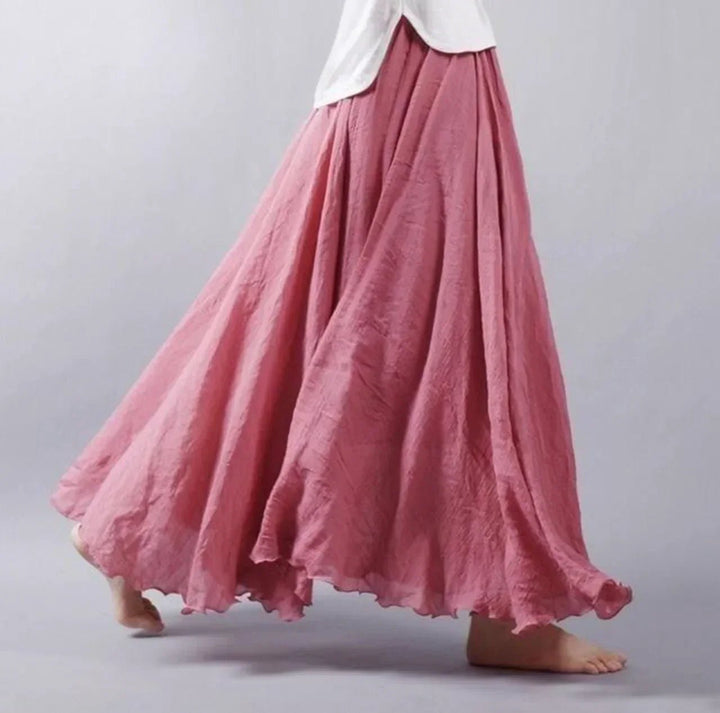 Boho Maxi Skirt High Waist Cotton Flowing A-Line - Dark Pink