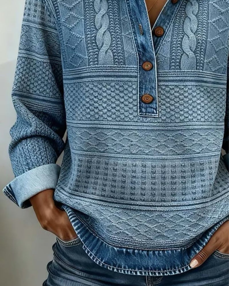 Cable Knit Sweater Half Button Collared Pullover