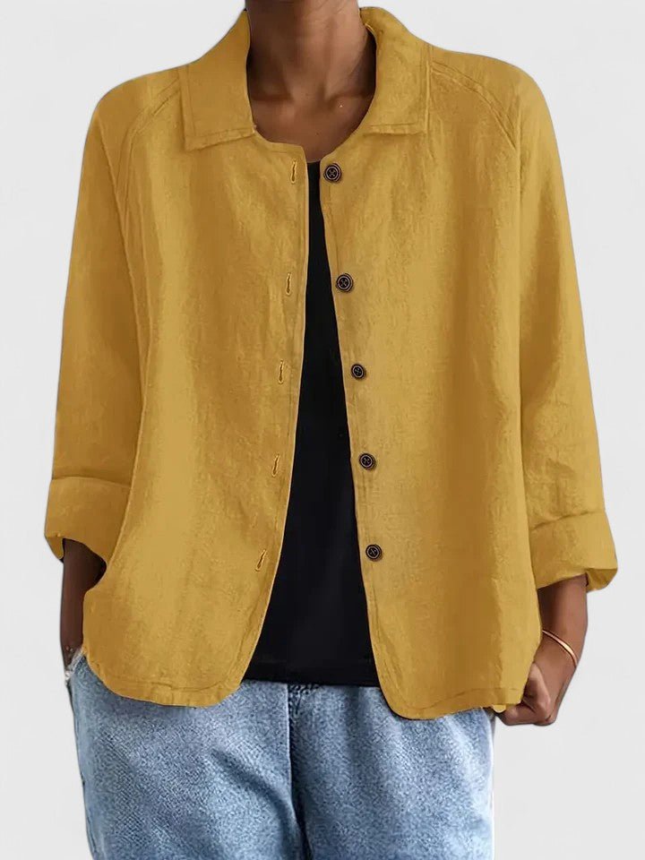 Cotton Button-Up Cardigan Relaxed Fit Long Sleeve - Yellow
