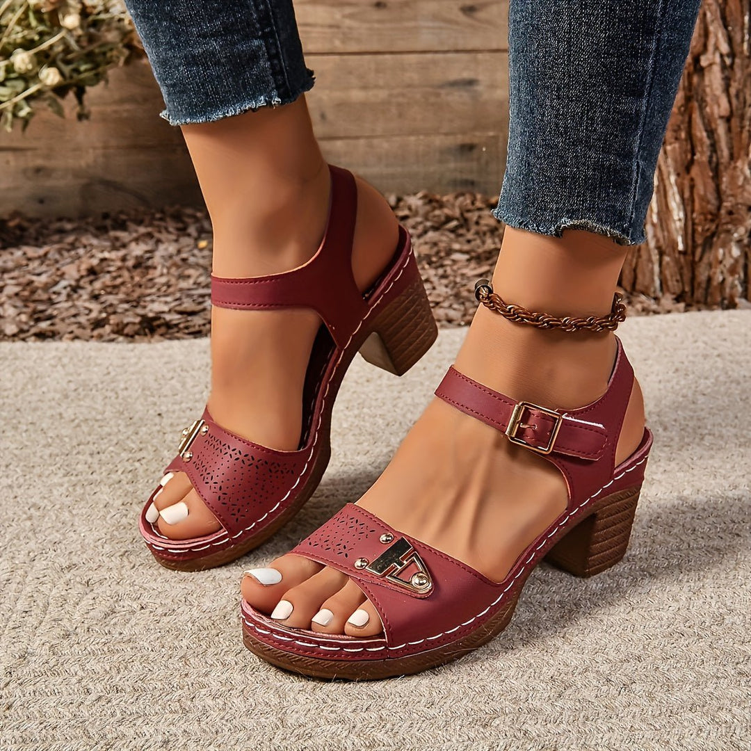 Cross-Strap Sandals Block Heel Platform Cushioned - Crimson