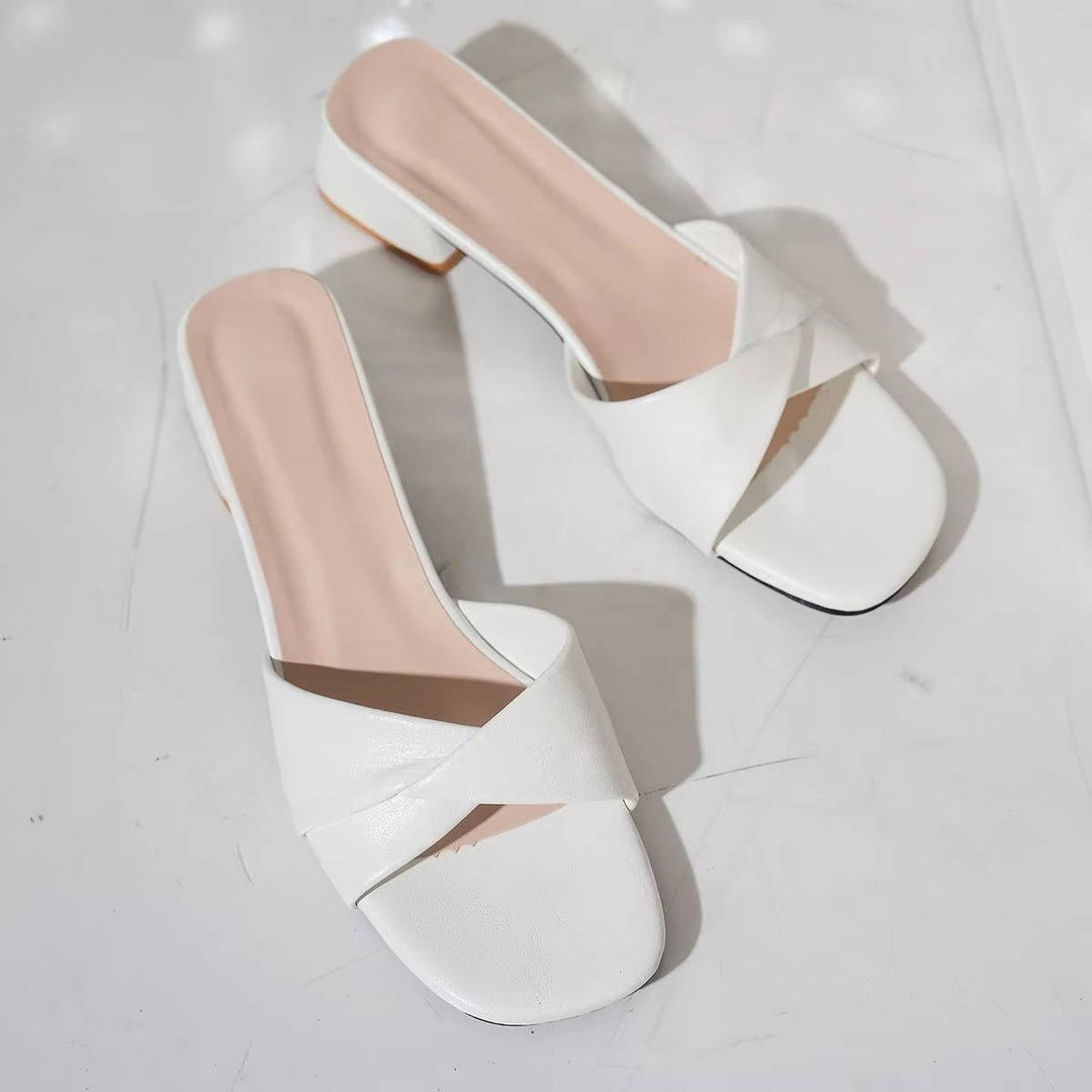 Cross-Strap Sandals Block Heel Slide Open Toe Square