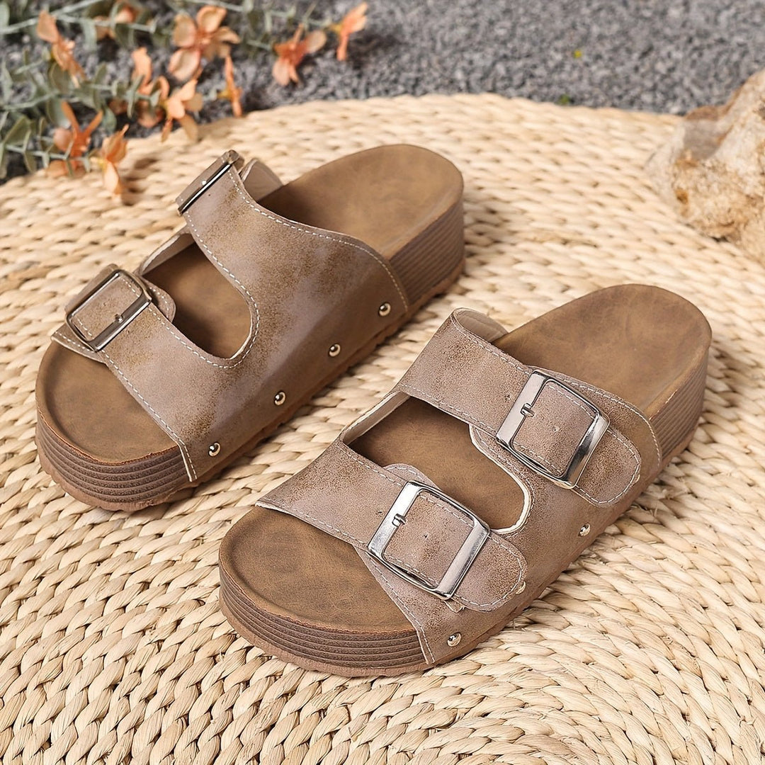 Cross-Strap Sandals Platform Buckle Cushioned Comfort - Khaki