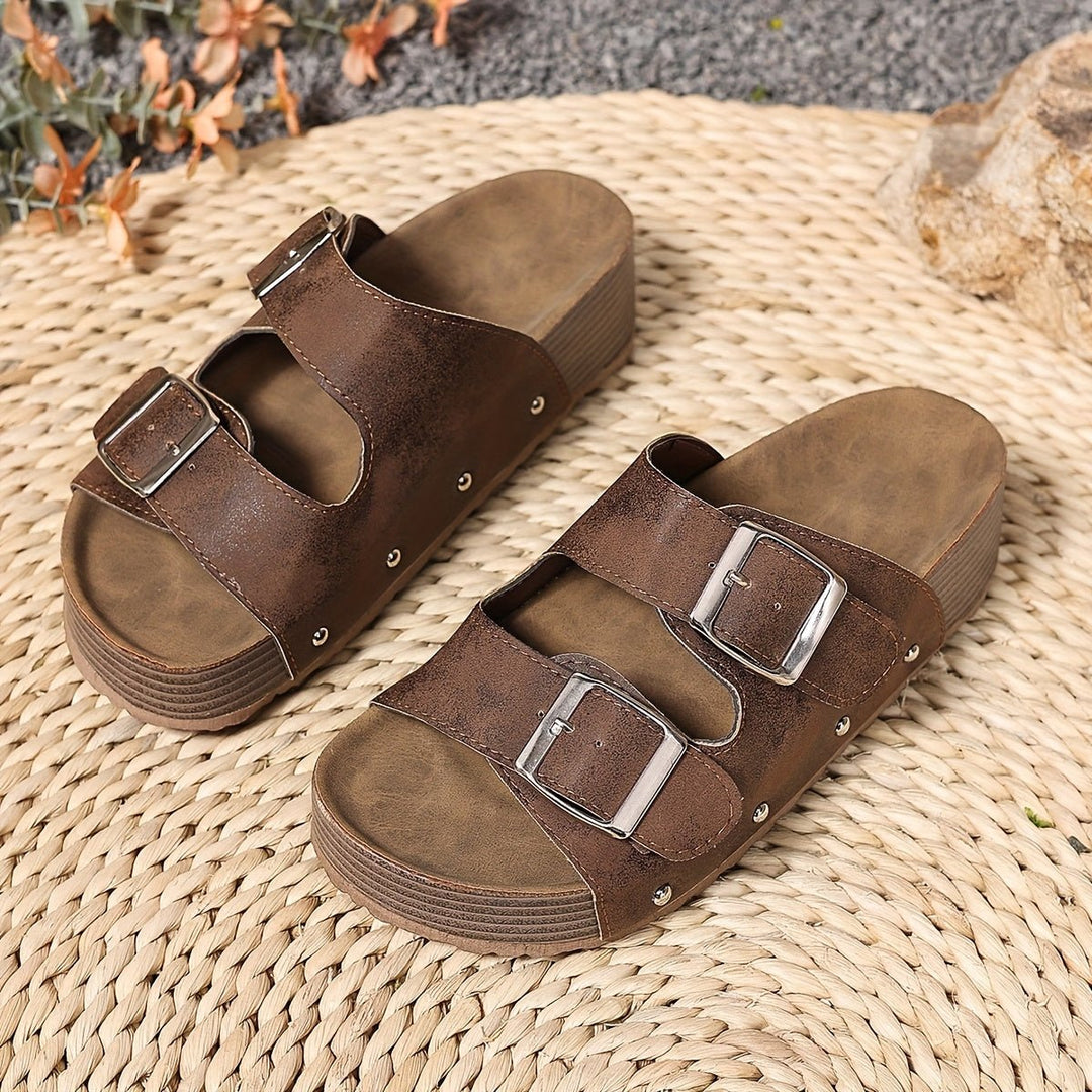 Cross-Strap Sandals Platform Buckle Cushioned Comfort - Coffee