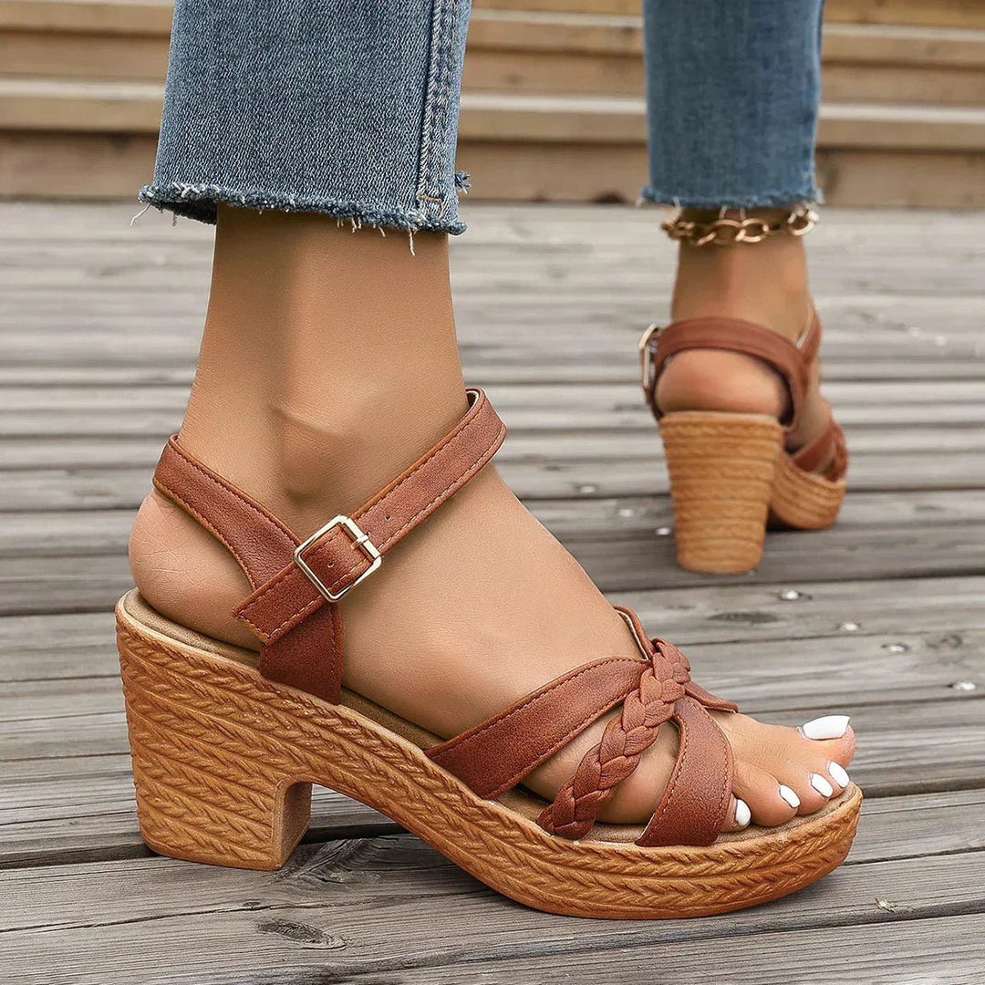 Cross-Strap Sandals Women Adjustable Woven Sole Comfort - Brown