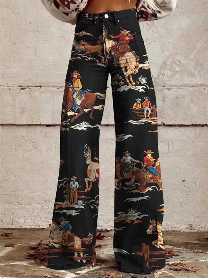 Denim Western Print High-Waist Wide-Leg Pants - Black