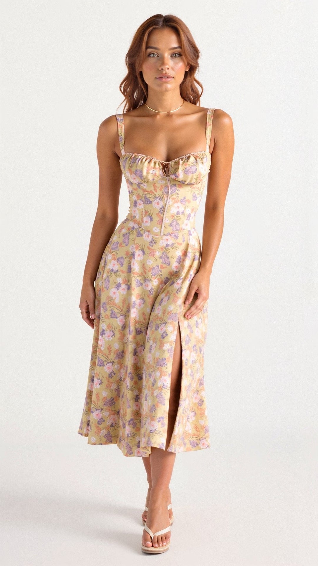 Floral Corset Midi Dress Sweetheart Neckline - Yellow