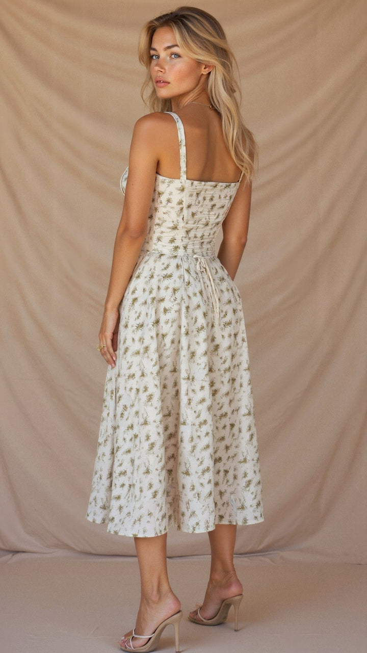 Floral Corset Midi Dress Sweetheart Neckline