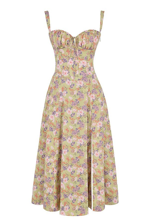 Floral Corset Midi Dress Sweetheart Neckline