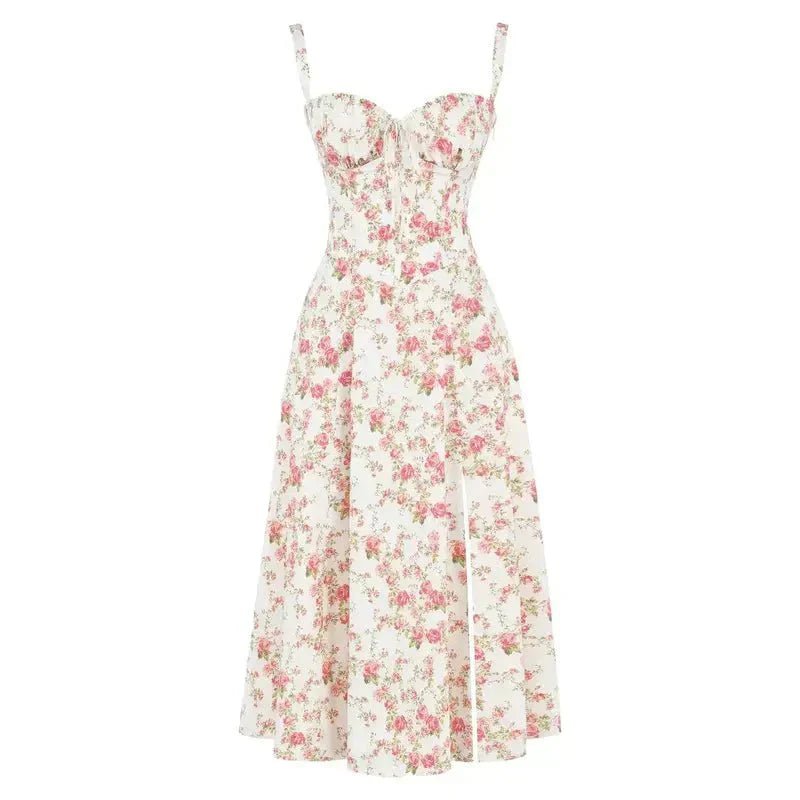 Floral Corset Midi Dress Sweetheart Neckline