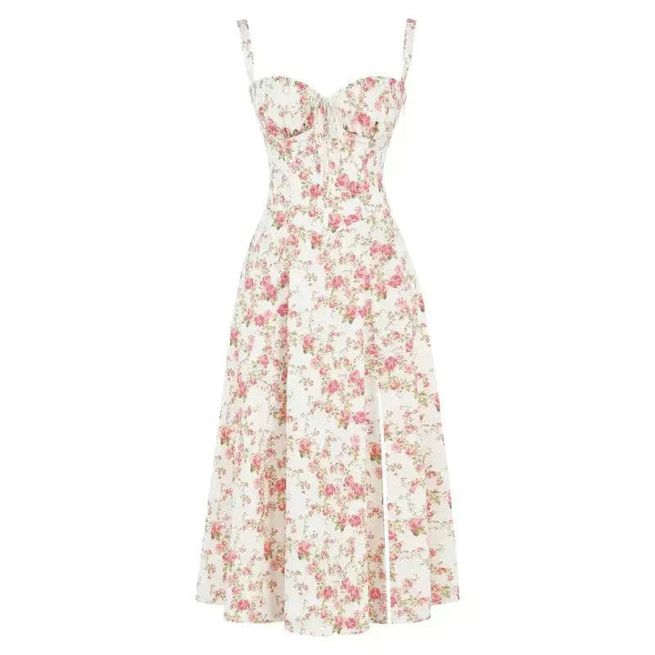 Floral Corset Midi Dress Sweetheart Neckline