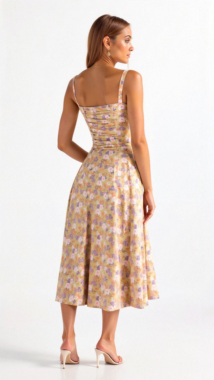 Floral Corset Midi Dress Sweetheart Neckline