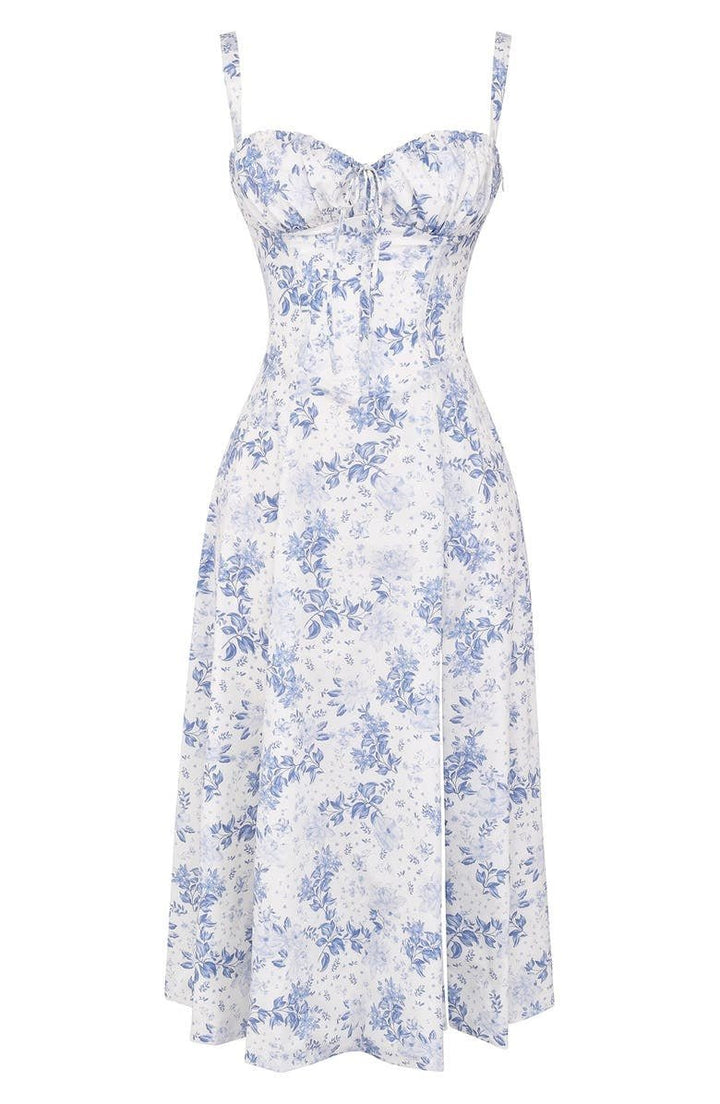Floral Corset Midi Dress Sweetheart Neckline