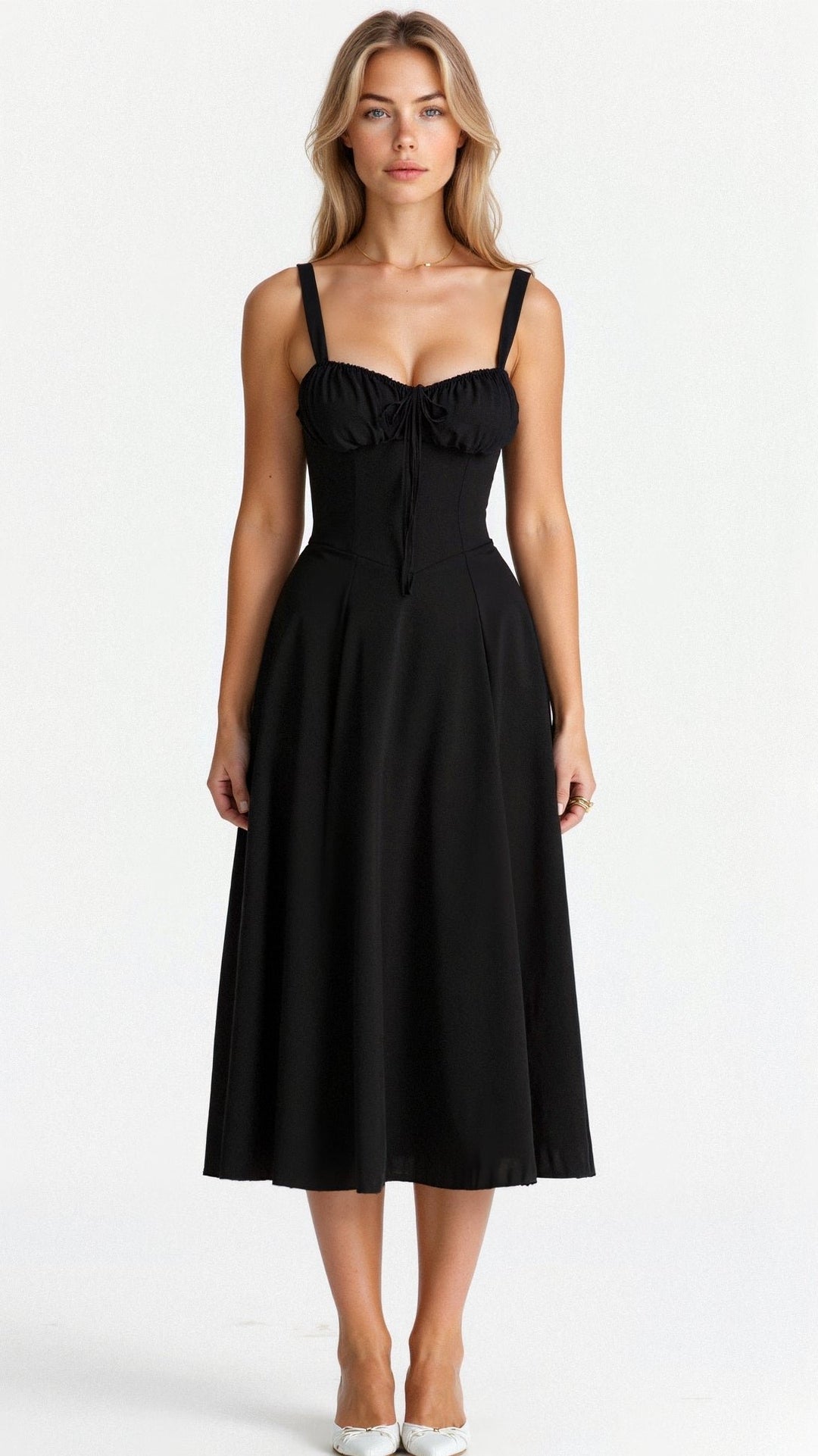 Floral Corset Midi Dress Sweetheart Neckline - Black