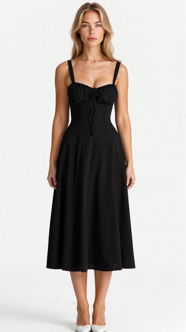 Floral Corset Midi Dress Sweetheart Neckline - Black