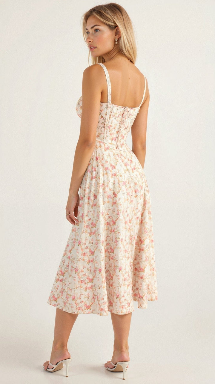 Floral Corset Midi Dress Sweetheart Neckline