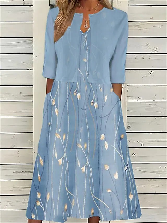 Floral Midi Dress 3/4 Sleeve Cotton Blend Casual