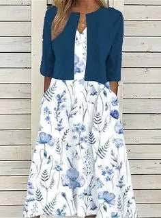 Floral Midi Dress 3/4 Sleeve Cotton Blend Casual - Dunkelblau