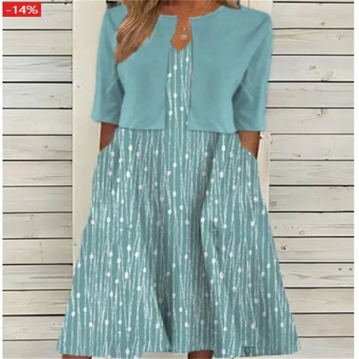 Floral Midi Dress 3/4 Sleeve Cotton Blend Casual - Grünblau