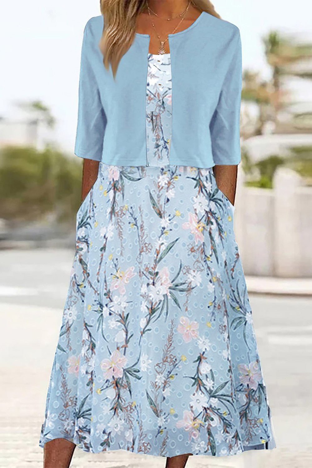 Floral Midi Dress 3/4 Sleeve Cotton Blend Casual - Hellblau