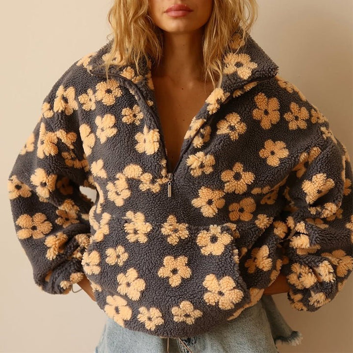 Floral Teddy Fleece Half Zip Jacket Oversized - Yellow