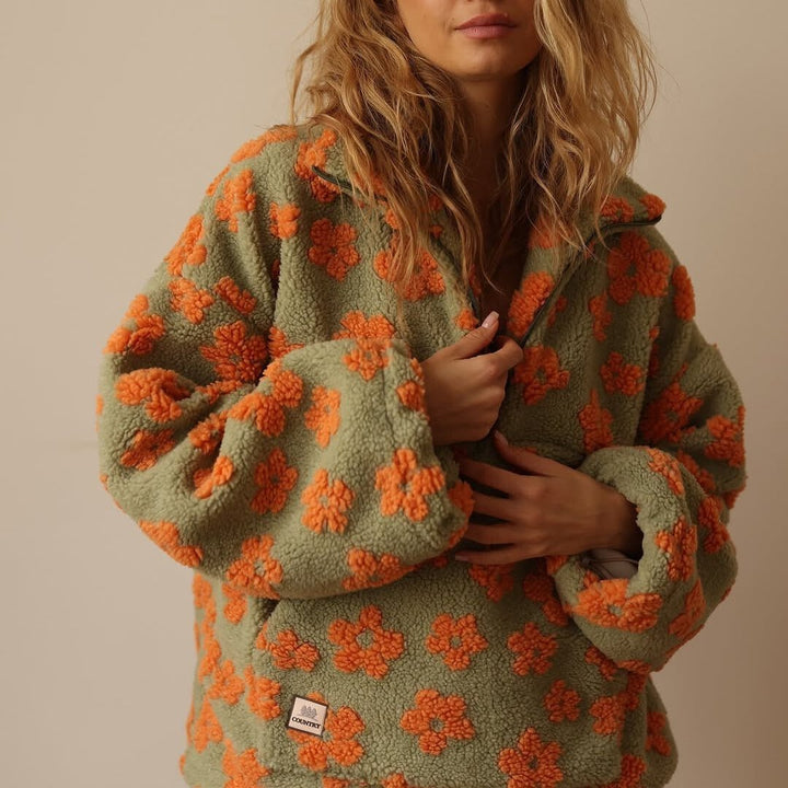 Floral Teddy Fleece Half Zip Jacket Oversized - Orange