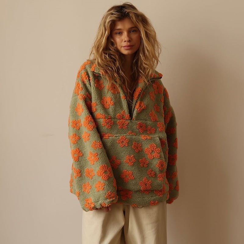 Floral Teddy Fleece Half Zip Jacket Oversized