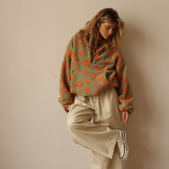 Floral Teddy Fleece Half Zip Jacket Oversized