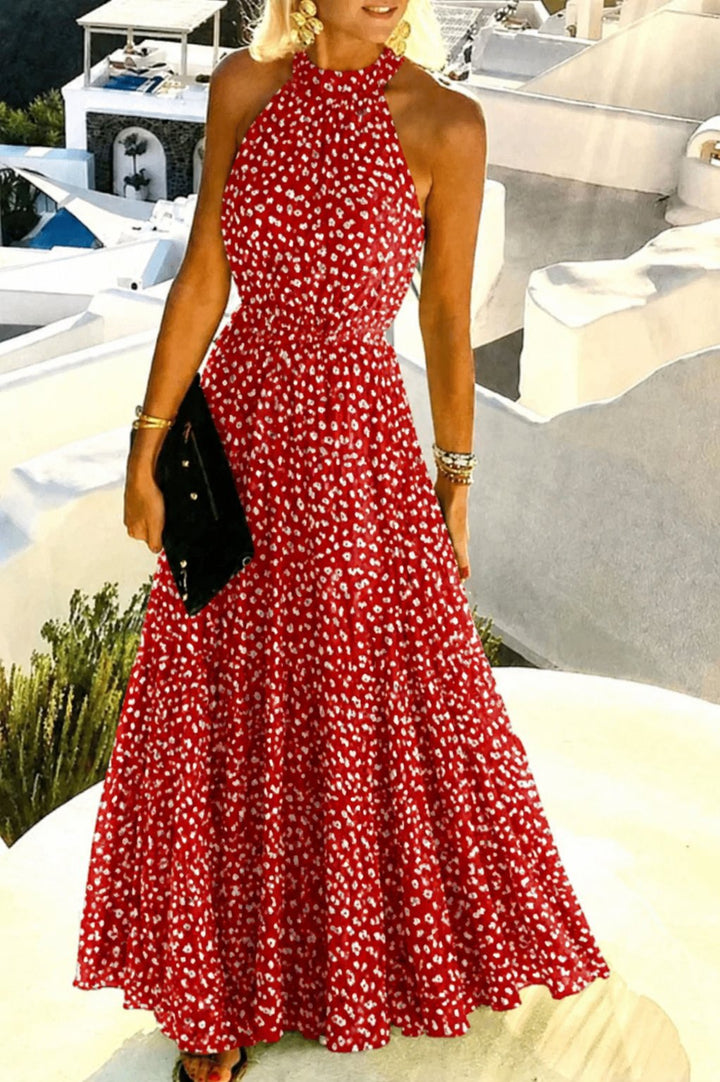 Halter Neck Maxi Dress Polka Dot Pleated Backless Boho - Red