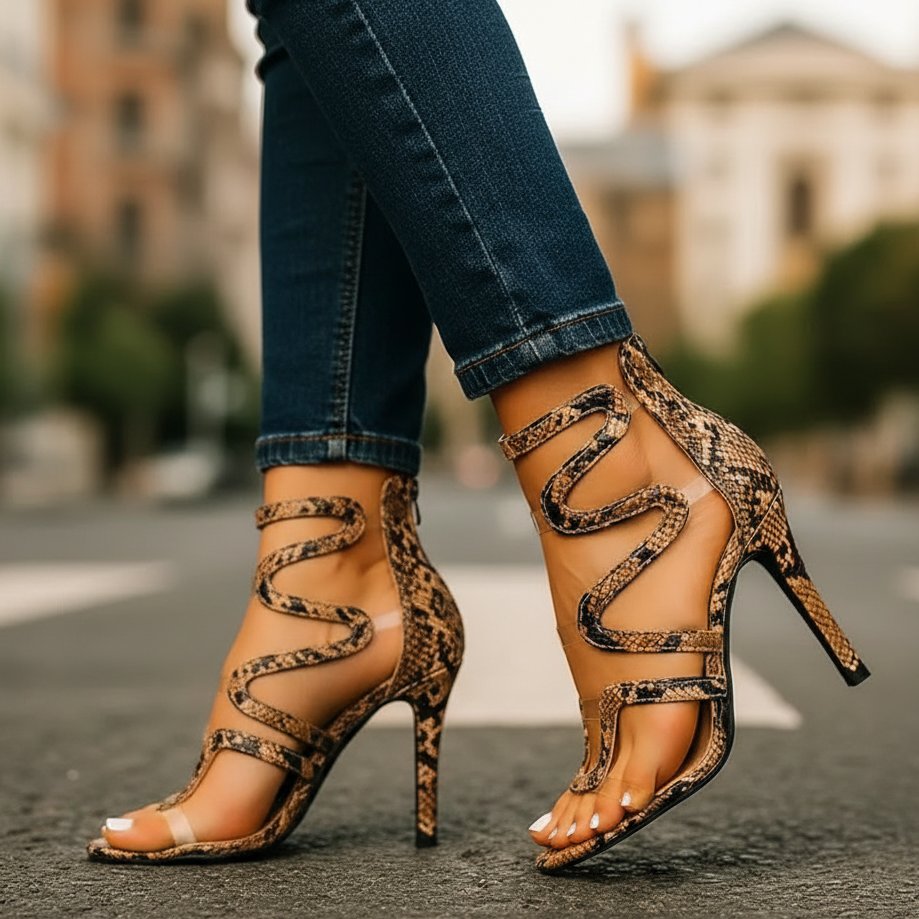 High Heels Snake Print Strappy Ankle Wrap Stiletto