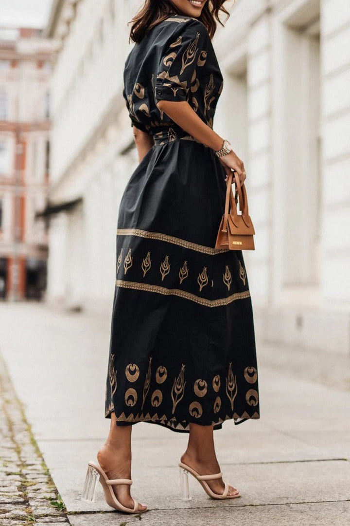 Sarah | Women's Boho Printed Belted Long Sleeve Midi Dress