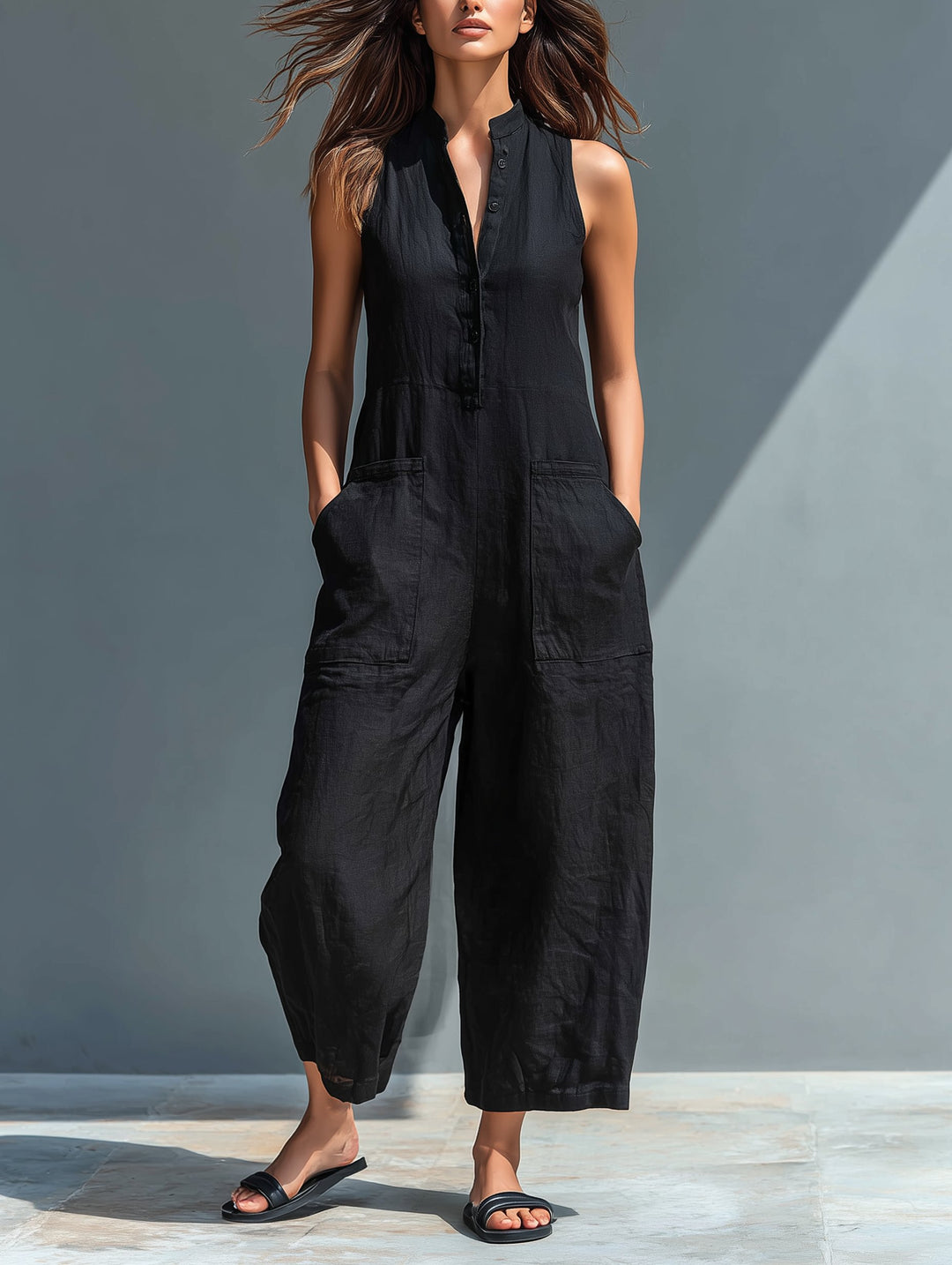 Jumpsuit Linen Blend Stand Collar Button-Up Sleeveless - Black