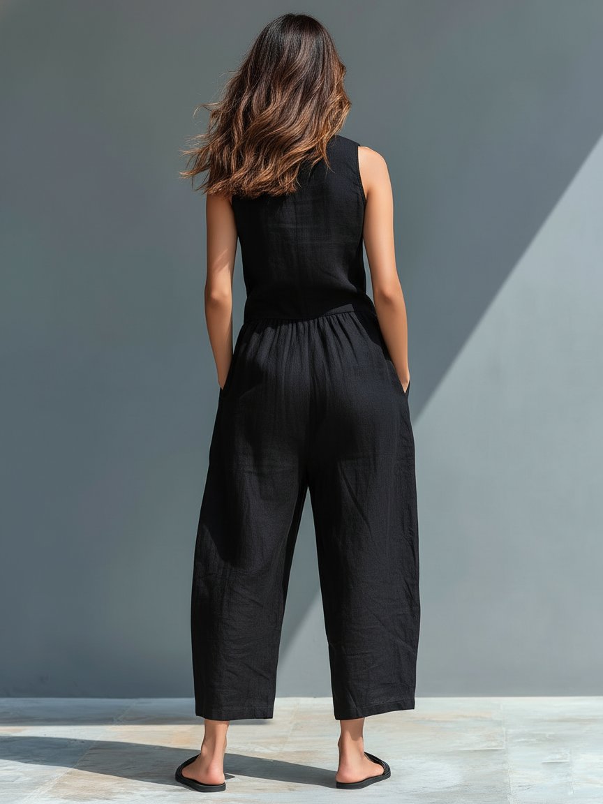 Jumpsuit Linen Blend Stand Collar Button-Up Sleeveless