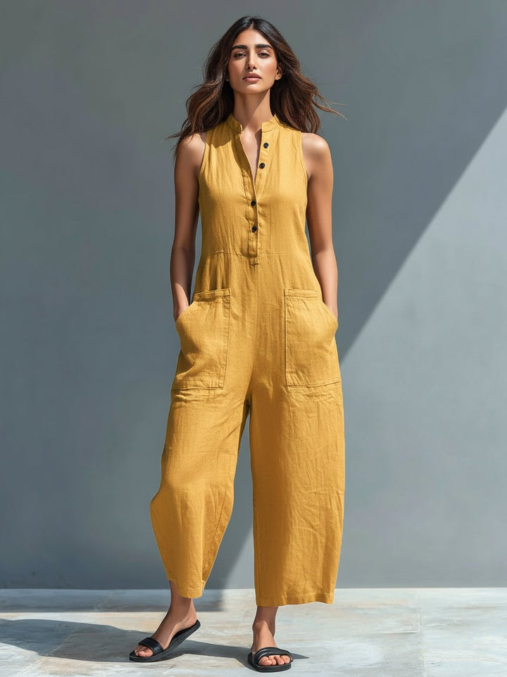 Jumpsuit Linen Blend Stand Collar Button-Up Sleeveless - Yellow