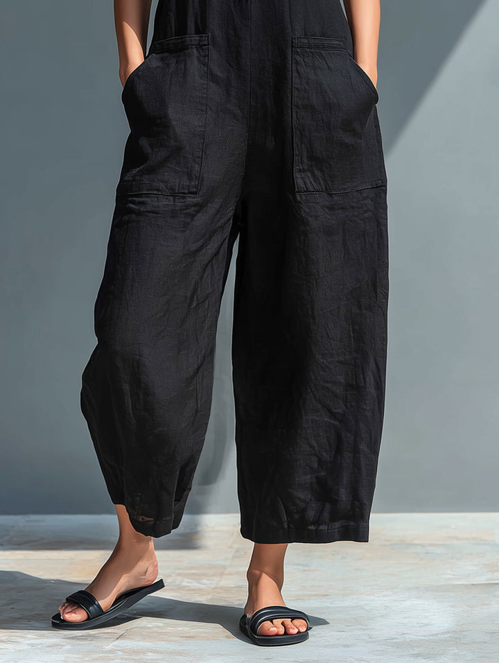 Jumpsuit Linen Blend Stand Collar Button-Up Sleeveless