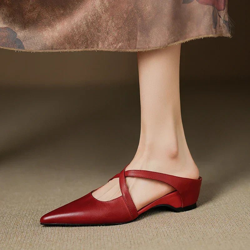 Leather Mules Cross-Strap Pointed Toe Low Heel Slip-On - Red