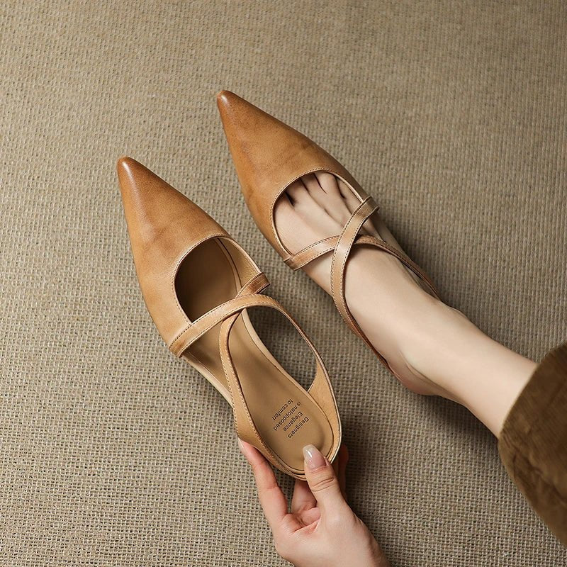 Leather Mules Cross-Strap Pointed Toe Low Heel Slip-On